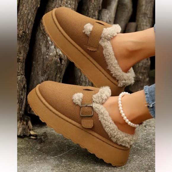 Brown Plush Buckle Slip On Shoes with Platform Indoor/Outdoor Slippers - Picture 5 of 8